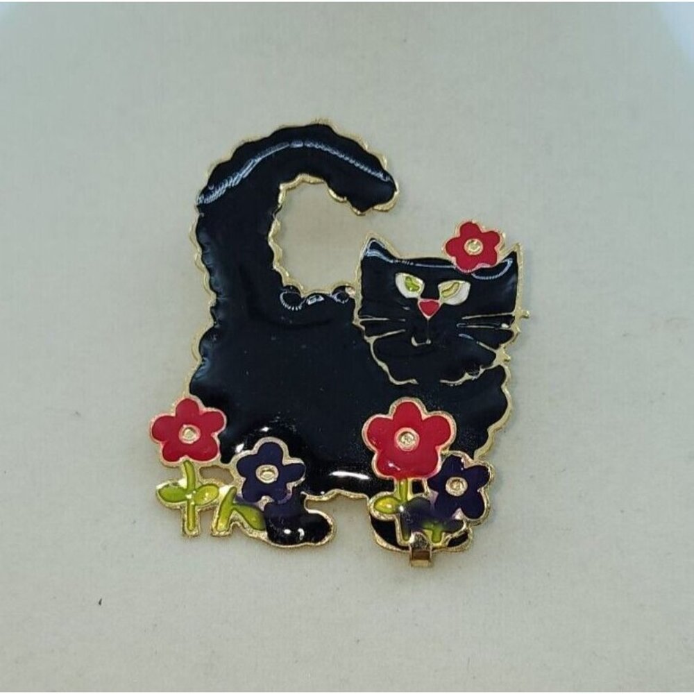 Unbranded Unique Cute Thin Enamel Black Cat With Flowers Brooch Pin 1.5"x1.75"